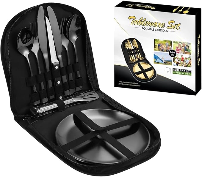 Camping Mess Kits with Portable Case Stainless Steel Outdoor Picnic Dinnerware Set with Plate Spoon Fork Knife Cloth Napkins
