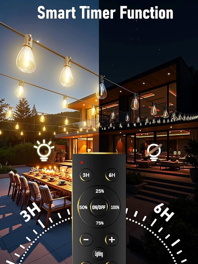luckystyle 100FT LED Outdoor String Lights with Remote 35+ 1 Shatterproof Bulbs Waterproof and Dimmable Patio Lights for Porch Garden Backyard Deck Balcony 2700K Hanging Lighting