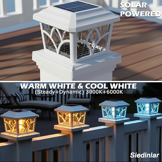 SIEDiNLAR Solar Post Cap Lights Outdoor 4 Modes 40 LEDs Aluminum Glass Deck Post Light for 4x4 5x5 6x6 Vinyl Wooden Posts Fence Patio Decor Warm White &amp Cool White Dynamic Lighting White (8 Pack)