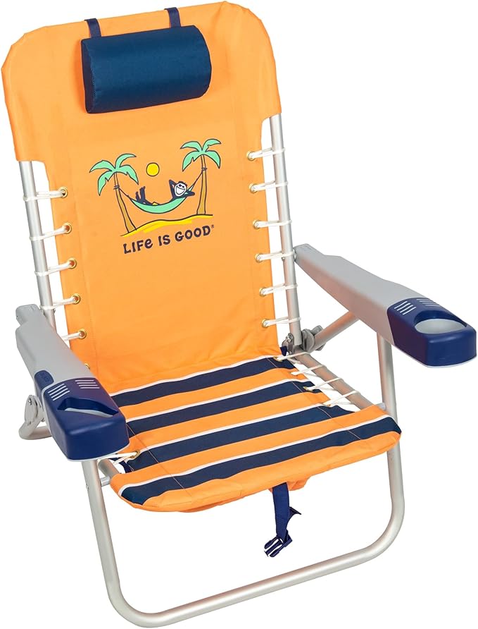 Life is Good 4-Position Lace-up Backpack Beach Chair with Pillow Cup and Phone Holder Canyon Orange