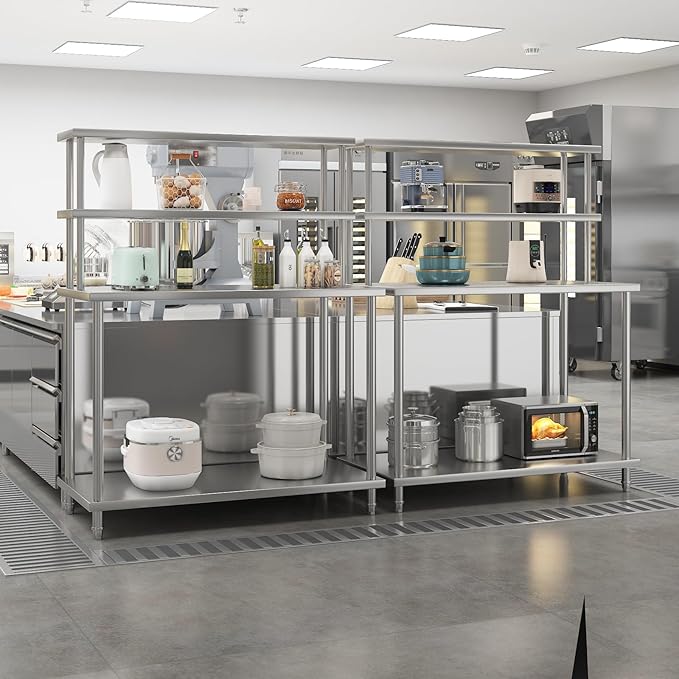 48x24 Stainless Steel Work Table with 2-Tier Adjustable Overshelves Commercial Prep Table for Kitchen Restaurant Garage Laundry Utility Room