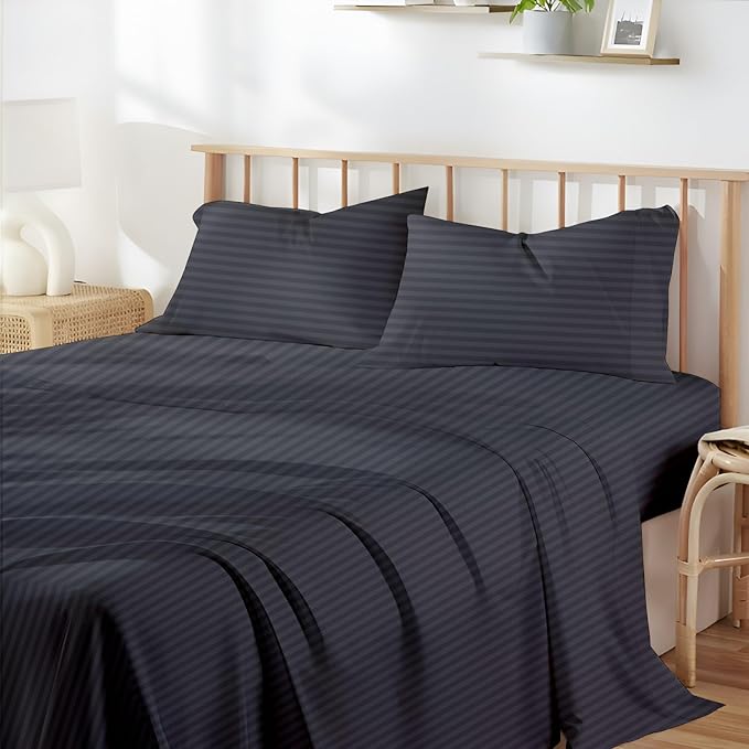SlumberWell Olympic Queen Sheet Set 4 Piece Luxury Soft Microfiber RV Camper Bedding 8 to 12 Inch Deep Pocket Sheets Fits 66x80 Mattress Dark Grey Stripe