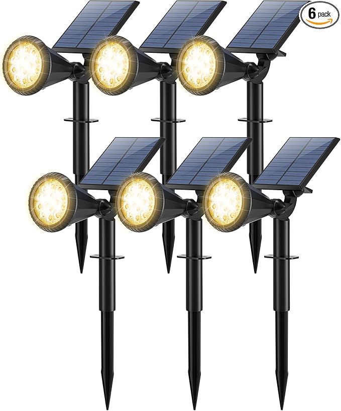 Solar Spot Lights Outdoor Waterproof 180° Adjustable Solar Powered Landscape Lights for Yard 4 Lighting Modes Solar Spotlights for Pathway Garden Outside Wall Pool Porch (6 Pack Warm White)