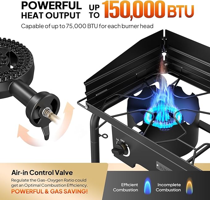 ROVSUN 2 Burner Gas Stove with Side Shelves 150000 BTU Portable Propane Stove with Removable Legs Wind Panels &amp Regulator for Camping Home Backyard Cooking Brewing Canning Turkey Frying