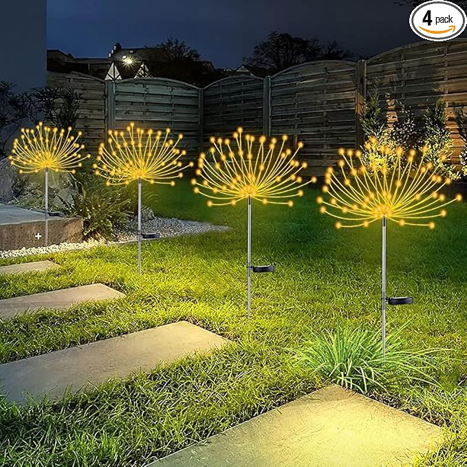 4 PCS Solar Firework Light Outdoor Solar Garden Decorative Lights 120 LED Powered 40 Copper Wires String DIY Landscape Light for Walkway Pathway Backyard Christmas Decoration Parties (Warm White)
