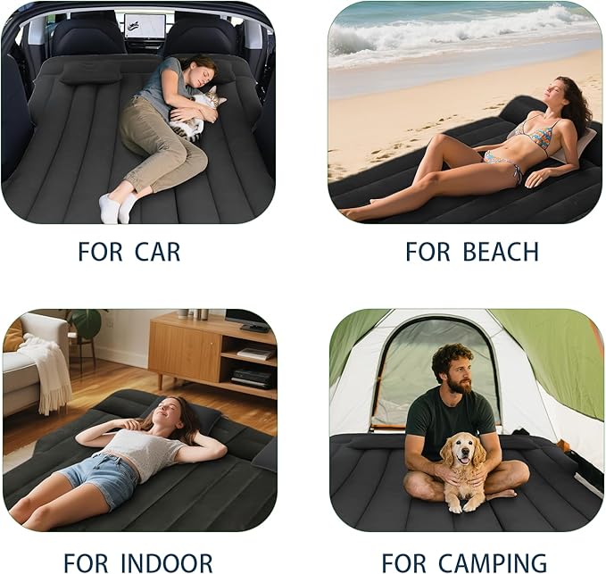 Car Air Mattress - Inflatable Camping Bed Compatible with Tesla Model Y Thickened Flocked AirBed for Trunk/Backseat/Sedan/SUV/RV Sleeping Pad with Pump and 2 Pillows for Camping Travel Outdoor Black