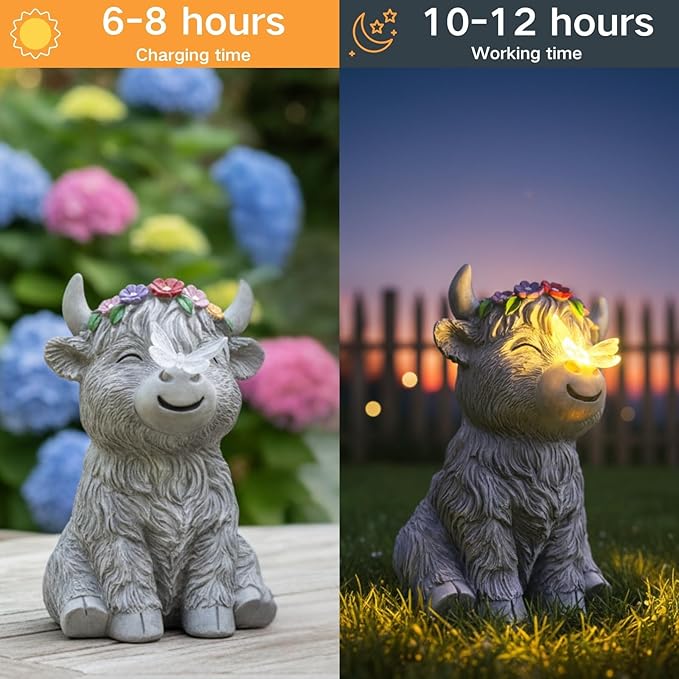 Solar Highland Cow Garden Statue with Glowing Butterfly Outdoor Highland Cow Decorations for Patio Yard Lawn Ornaments Gifts for Mom/Grandma Birthday Housewarming