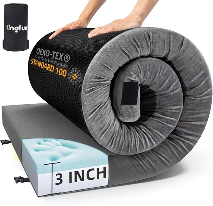 Kingfun 3 Inch CertiPUR-US Memory Foam Camping Mattress Waterproof Roll up Sleeping Pad Thick Floor Sleeping Mats for Tent with Removable Travel Bag