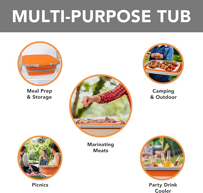 Tiawudi Large Collapsible BBQ Prep Tub with Locking Lid Basket for Meal Prep Marinating Food Storage Plastic Cutting Board(4.22 Gal/16L) Camping Sink with Colander Dish Basin