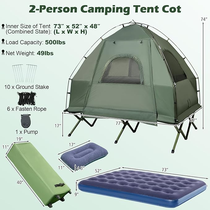 Tangkula 5-in-1 Tent Cot Combo With Awning Air Mattress Sleeping Bag Pillow Elevated Single Tent With Carrying Bag for Outdoor Camping Hiking Picnic Travel