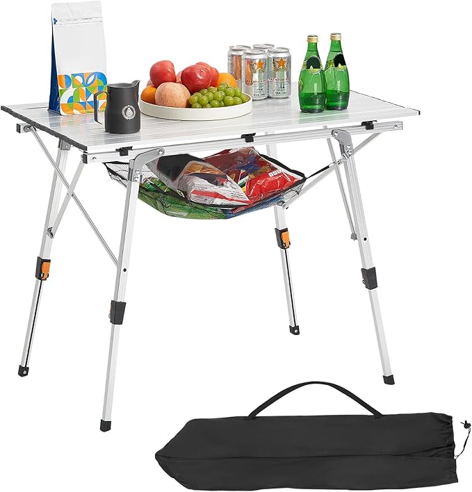 VEVOR Folding Camping Table Portable Roll Up Side Tables Lightweight Aluminum Beach Table for Outdoor BBQ Tailgating Picnic Travel (35 inch-Silver)