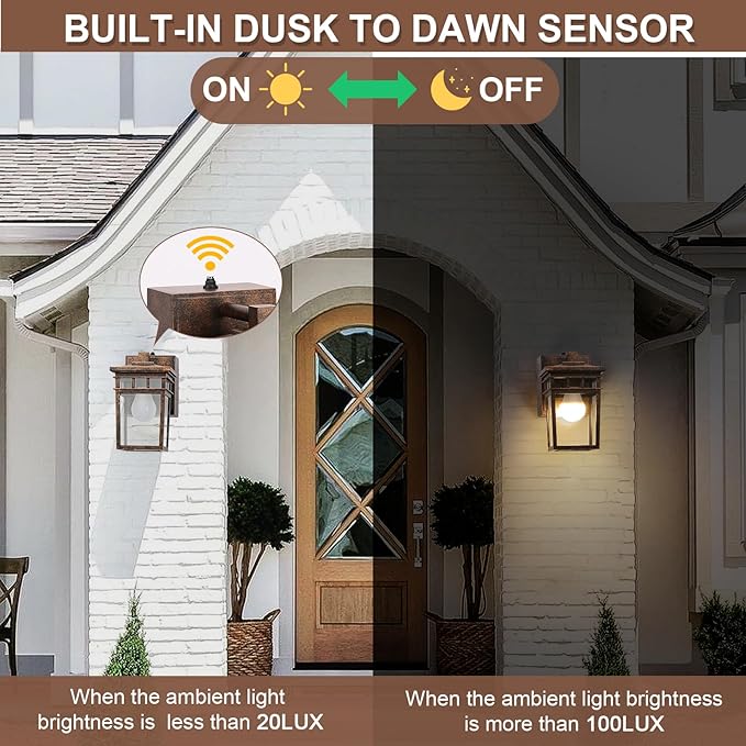 Porch Light with GFCI Outlet Dusk to Dawn Outdoor Lighting with Aluminum Frame and Clear Glass Shade Waterproof Wall Sconce Outside Lights for House Garage Front Door Bulb Included(Antique Bronze)