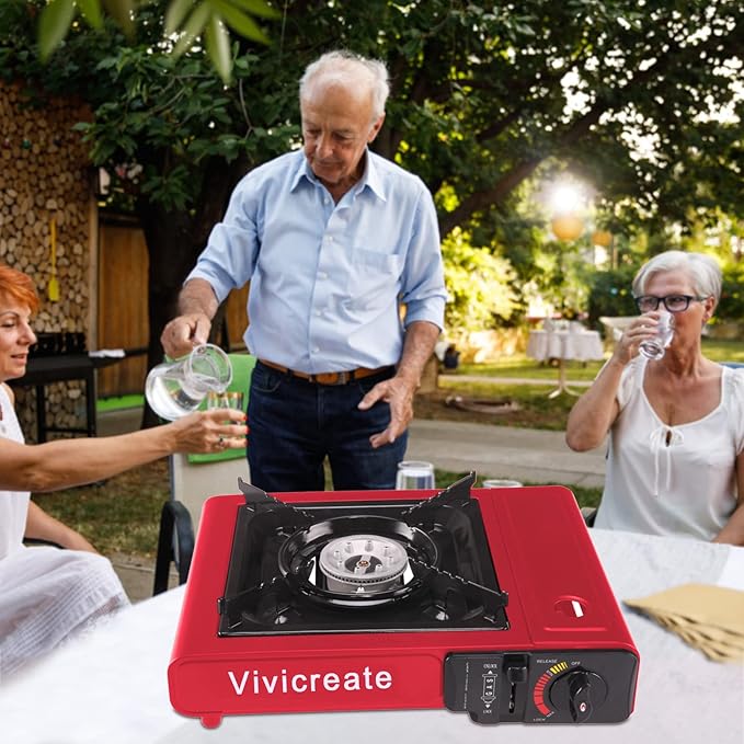 Vivicreate 8500 BTU Portable Butane Gas Stove for Camping Cooking Outdoor Lightweight Portable Stove Burner with Auto Ignition Estufa de Gas Portátil para Camping al Aire Libre(Red)
