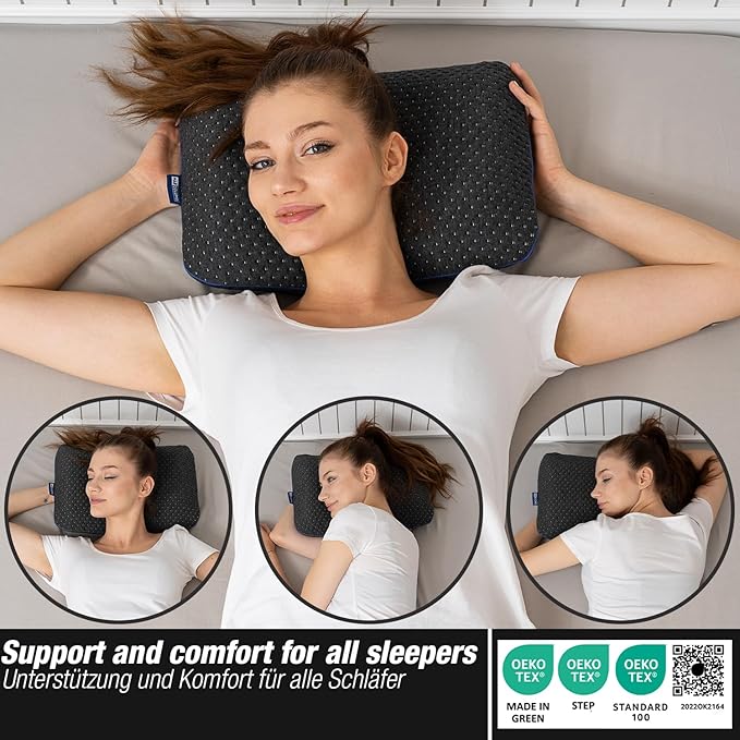 Travel &amp Camping Comfortable Memory Foam Pillow – Easy to Carry Portable Bag – Temperature Regulating Pillow Case - Perfect for Travelling (Grey)