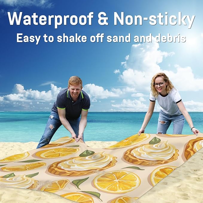 Waterproof Sandproof Beach Blanket 59''×68'' Lemon Cake Polyester Outdoor Picnic Blanket with 4 Stakes &amp Storage Bag for BeachCampingVacation Food