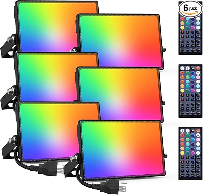 Onforu 6 Pack RGBW LED Flood Light Outdoor 100W Color Changing 2700K Warm White Upights with Remote IP66 Stage Lighting Landscape Spotlights Uplighting Indoor Floor Lighs for Halloween