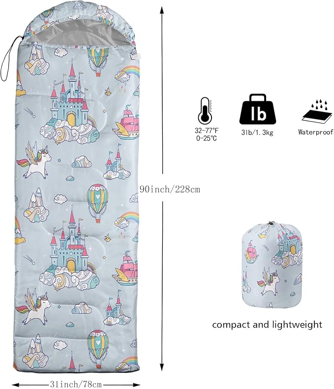 Kids Sleeping Bag for GirlUnicorn Castle Print-Lightweight Warm Portable Outdoor Indoor-Waterproof Cold Weather Resistant Sleeping Bag for Camping Hiking(Unicorn Castle)