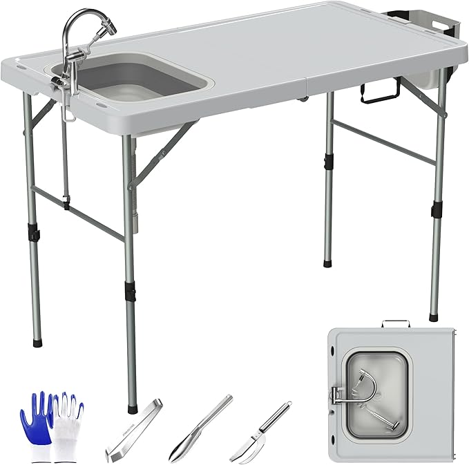 Foldable Fish Cleaning Table Portable Camping Table with Sink &amp Measurement Markers with Faucet &amp Spray Gun for Camping Patio Kitchen RV &amp Beach