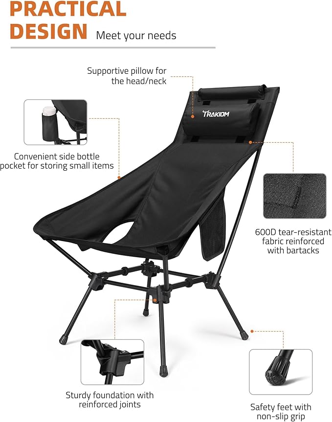 High Back Folding Camping Chair Widened Seat &amp Lightweight Black Portable Chair with Stable Design Adjustable Head Support for Beach Camping Festival Hiking and Outdoor Travel