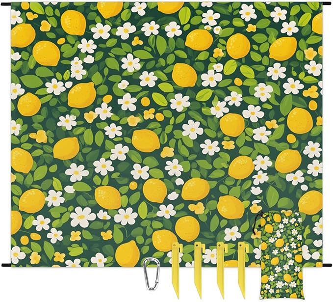 Waterproof Sandproof Beach Blanket 59''×68'' Lemon Fruit &amp Flower Polyester Outdoor Picnic Blanket with 4 Stakes &amp Storage Bag for BeachCampingVacation Green