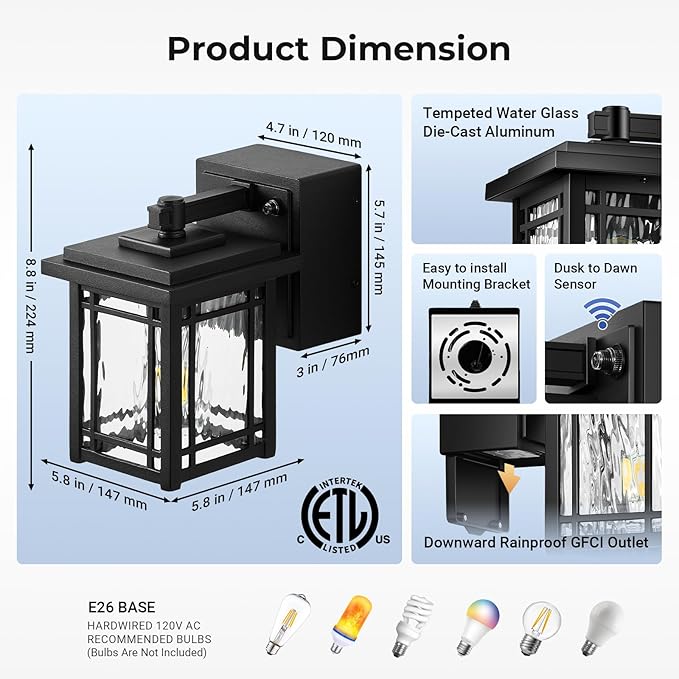 2-Pack Porch Light with GFCI Outlet Black Dusk to Dawn Outdoor Lantern Wall Mount Modern Outdoor Sconces Wall Lighting with Glass Shade Waterproof Outdoor Light Fixtures for House Garage
