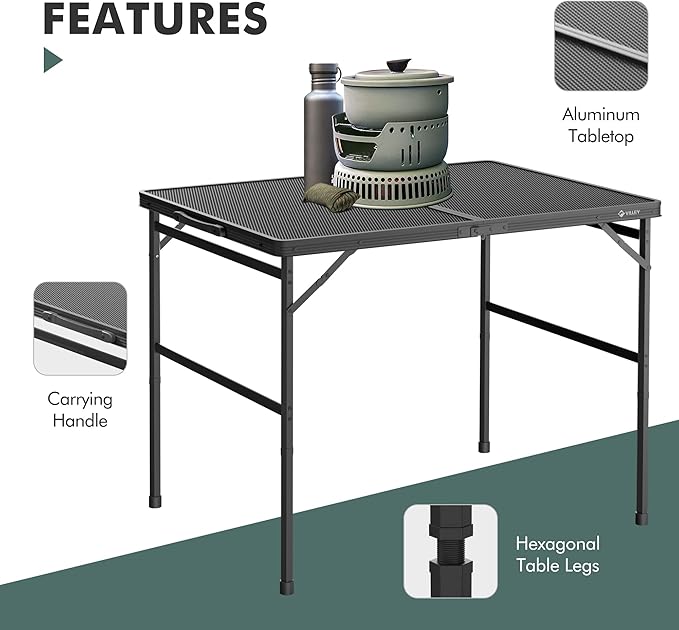 VILLEY Grill Table 3ft Folding Camping Table with Aluminum Adjustable Legs Portable Lightweight Camp Table for Beach Picnics and Outdoor Cooking