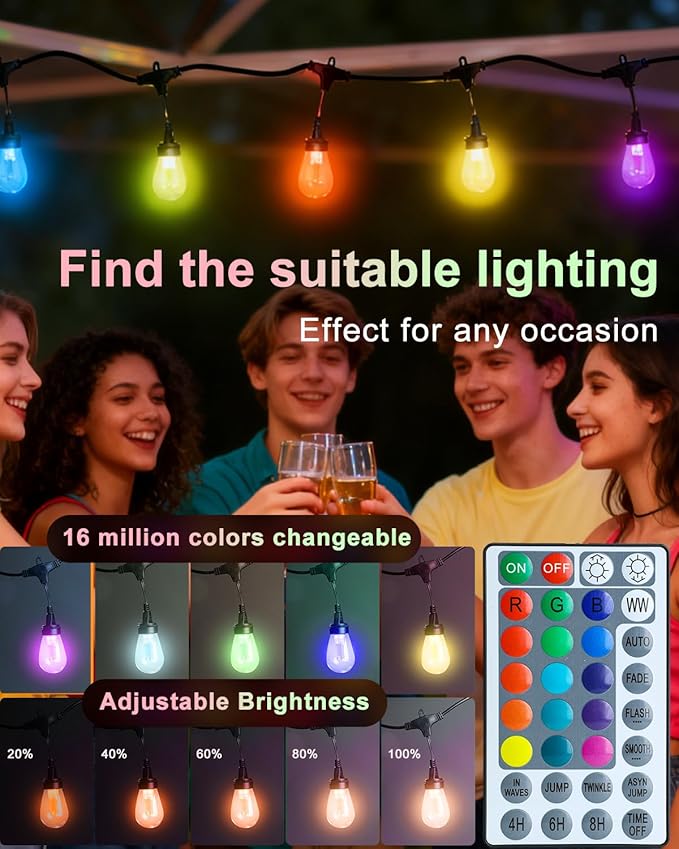 Lightdot 96FT Outdoor RGB String Lights - Dimmable Color Changing LED Patio Lights with Remote Waterproof Commercial Grade for Cafe Bistro &amp Backyard ETL Listed