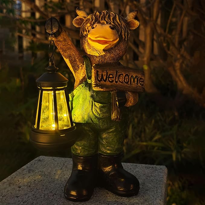 Solar Garden Decor Statues: Handmade Resin Statue with LED LightHighland Cow Figurine Outdoor Garden Decor Unique Gifts for Women Mom Grandma (Green cow1)