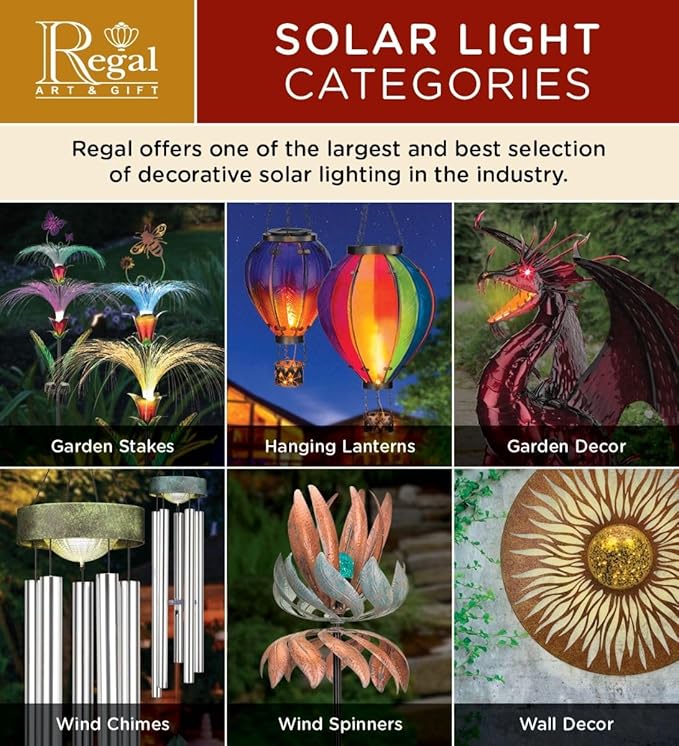Regal Art &amp Gift 23.5 Inch Hot Air Balloon Solar Lantern – Hanging Solar-Powered LED Lights Waterproof Portable Decorative Outdoor Lamp Made of Metal &amp Glass for Garden Patios &amp Pathway