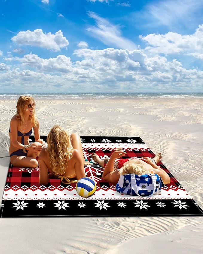 Beach Blanket Waterproof Sandproof Christmas Winter Snowflake Red Ripple Quick Drying Beach Mat with 4 Stakes Retro Black Buffalo Plaid Lightweight Picnic Blanket for Travel Camping Outdoor 95x80