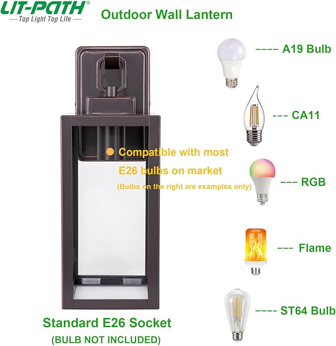 LIT-PaTH Outdoor Wall Lantern Wall Sconce as Porch Lighting Fixture E26 Medium Base Max 60W Anti-Rust Metal with Glass Shade Oil Rubbed Bronze Finish 1-Pack