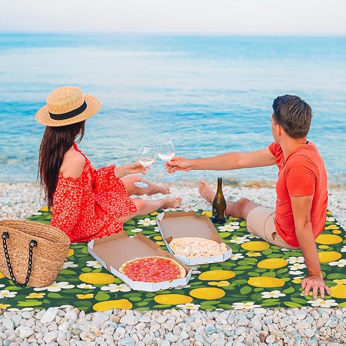 Waterproof Sandproof Beach Blanket 59''×68'' Lemon Fruit &amp Flower Polyester Outdoor Picnic Blanket with 4 Stakes &amp Storage Bag for BeachCampingVacation Green