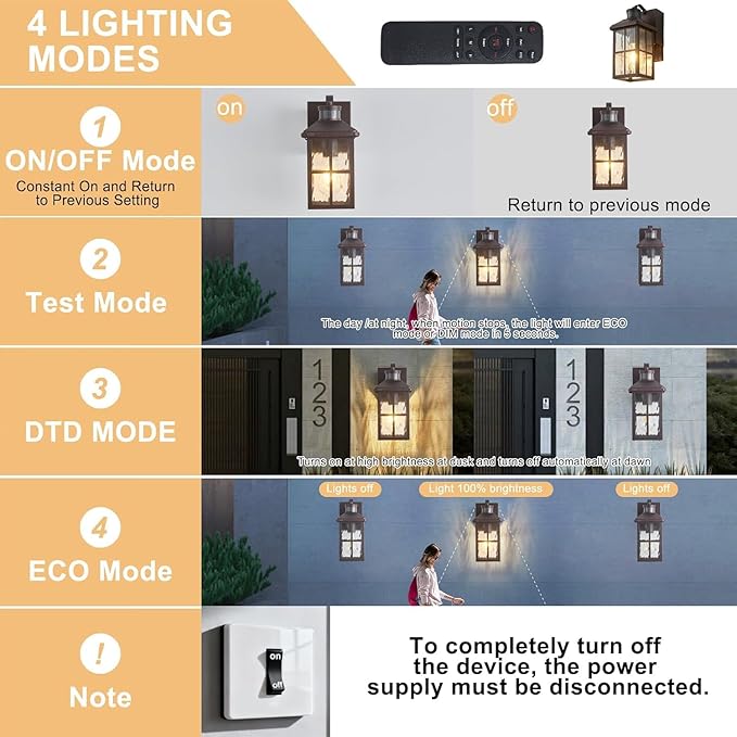 Porch Lights with GFCI Outlet with RemoteDusk to Dawn Motion Sensor Outdoor Light Upgraded 4 Lighting Modes Exterior Fixture Waterproof Outside Lights for House Patio Garage