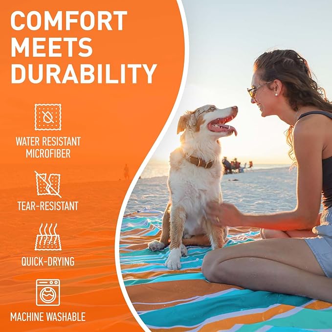 Everlasting Comfort Large Beach Blanket Waterproof &amp Sandproof - 80 x 80/ 6.7ft x 6.7ft - Lightweight Picnic Mat Camping Necessities for 4 People - Accessories for Outdoor Festivals - Orange