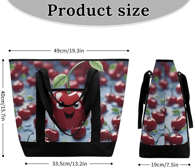 Insulated Shopping BagLarge Reusable Cooler Bags Cartoon Cherry Printed Foldable Shopping BagTravel Waterproof Shoulder Bag