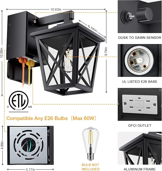 Ehaho Porch Lights with Outlet Dusk to Dawn Outdoor with Outlet Built-in Waterproof Anti-Rust Aluminum Outside Light with GFCI Outlet Wall Sconce Light with Plug for Front Door (Black 1PC)