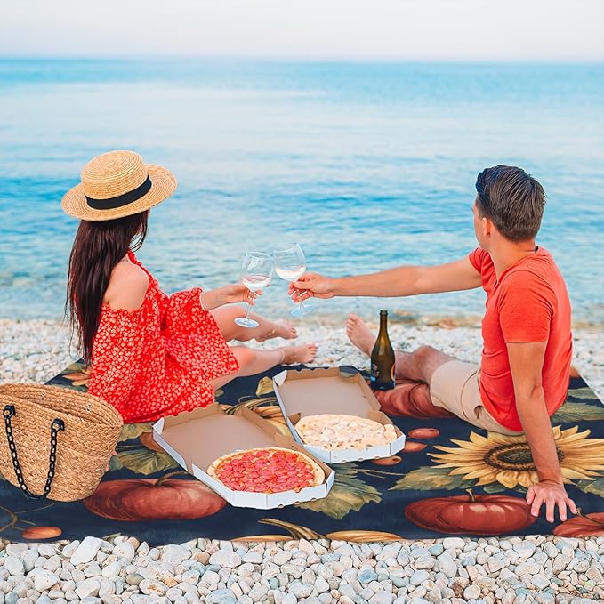 Waterproof Sandproof Beach Blanket 59''×68'' Vintage Pumpkin Polyester Outdoor Picnic Blanket with 4 Stakes &amp Storage Bag for BeachCampingVacation Food