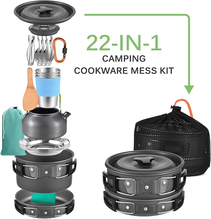 Camping Cookware Mess Kit Lightweight Aluminum Alloy Includes Pot Pan Kettle Dishes Cups Utensils Folding Bucket and Carrying Bag - Compact Outdoor Cooking Set for Hiking