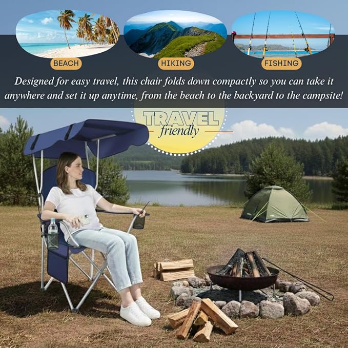 Amazing for less Folding Chair with Canopy – Portable Outdoor Folding Camping &amp Beach Chair with Shade Cover and Carrying Strap