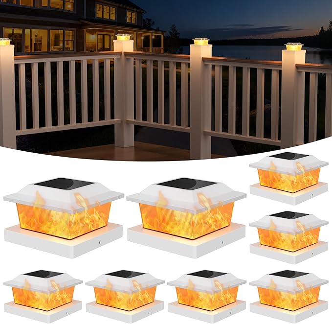 Solar Post Cap Lights 8 Pack Outdoor Flickering Flame Light Fit for 3.5x3.5 4x4 5x5 Vinyl/Wooden Post HIGT Brightness SMD LED Decor for Garden/Whiteyard - White