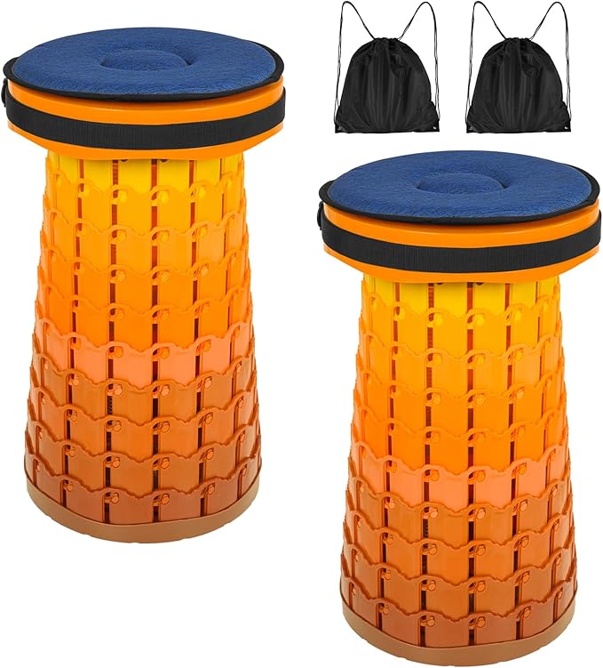 2 Pack Upgraded Folding Stool 19.7 Collapsible Stool Height Max Weight 1000lbs Portable Telescoping Seat with Cushion and Storage BagRetractable Folding Chair for Camping Hiking Outdoor BBQ-Orange