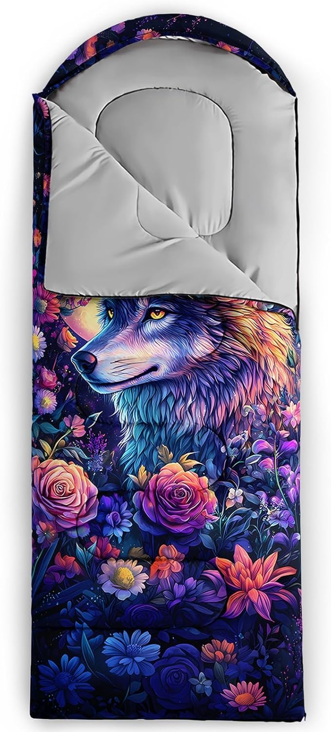 AILONEN Floral Wolf Sleeping Bag for Girls WomenWarm and Cool WeatherLightweightWaterproof BackpackingColorful Flower Animal Print Sleeping Bag for Camping