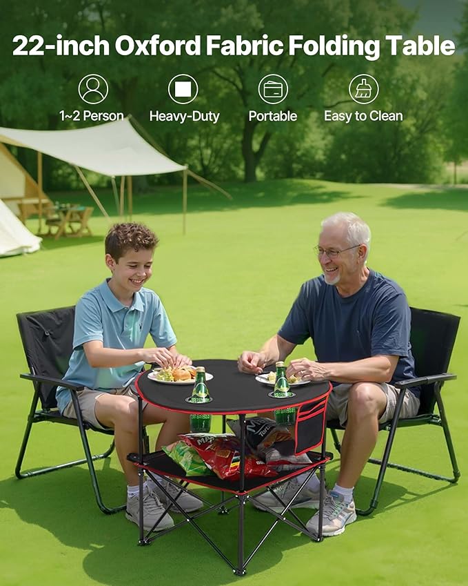 VEVOR Folding Camping Table Portable Outdoor Lightweight Picnic Table 600D Oxford Fabric Waterproof Canvas Travel Beach Tables with 4 Cup Holders Carry Bag for Tailgating Camping Picnic Black