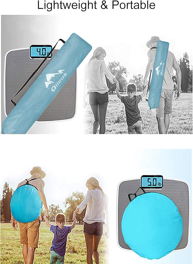 Oileus X-Large 4 Person Beach Tent Sun Shelter - Portable Sun Shade Instant Tent for Beach with Carrying Bag Stakes 6 Sand Pockets Anti UV for Fishing Hiking Camping Waterproof Windproof Sky Blue