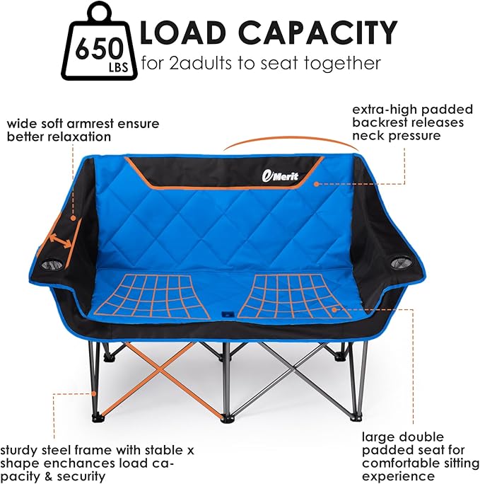 EMERIT Double Camping Chair Oversized Padded for Adults Heavy Duty Folding Loveseat for Outdoor Camping Beach Lawn Concert 650LB