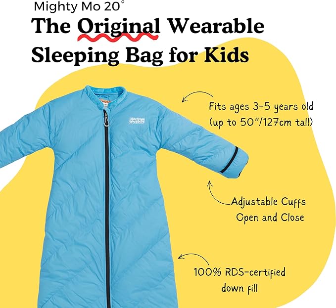 Mighty Mo 20° Down Kids Sleeping Bag (Ages 3-5). The Warmest Lightest Camping Sleeping Bag for Kids Ages 3-5.