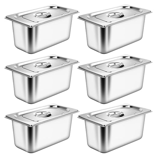 6 Pack 1/3 Size Stainless Steel Hotel Pans with Lids 6 Inch Deep Steam Table Pans Anti-Jam Metal Hotel Pans with Clip for Restaurant Home Catering Food Storage