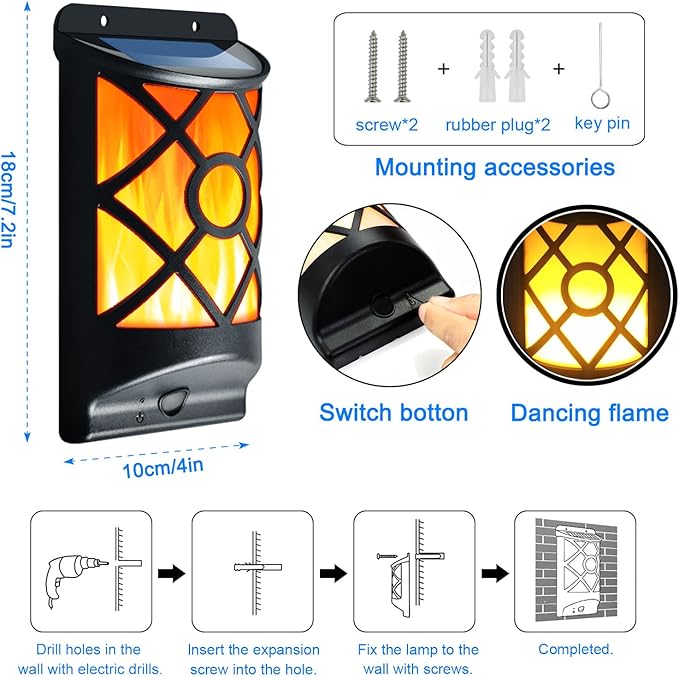 Solar Flame Lights Outdoor - Waterproof Wall Lanterns with Realistic 3D Flickering Flames 66 Ultra Bright LED Fire Effect Light - Garden Decor for Patio Fence Deck - Auto On/Off (4 Pack)