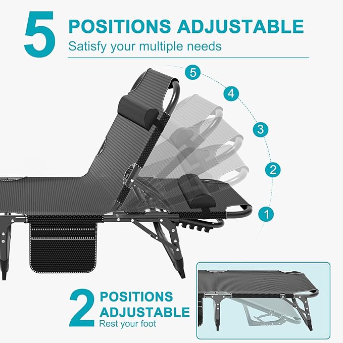 ABORON 5 Positions Camping Cots for AdultsOutdoor Folding Sleeping Cot/MatFolding Chaise Lounge Chair with PillowPortable Reclining Chair for Beach Lawn Camping PoolSunbathing Chairs