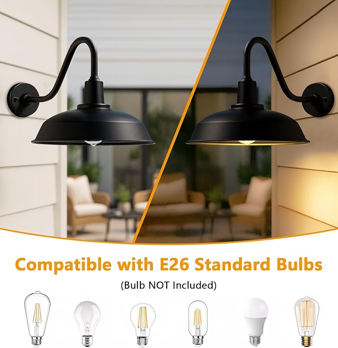 Large 15 Black Gooseneck Barn Lights Vintage Industrial Outdoor Barn Lights for Garage Patio Garden - 2 Pack